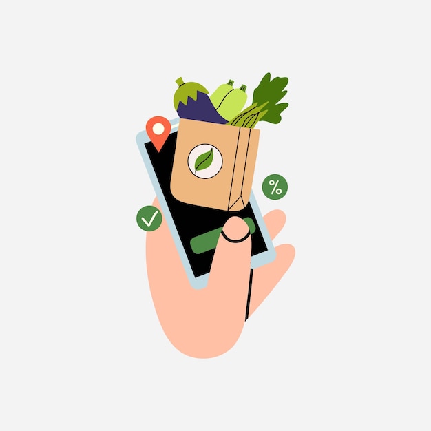 Entrega de alimentos na tela do aplicativo móvel do smartphone de mão Produtos de encomenda rápida Almoçaria e supermercado on-line Vegetais ecológicos em sacos de papel Ilustração isolada plana de desenho animado vetorial