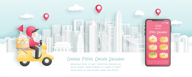 Entrega de comida on-line, dim sum e comida tradicional chinesa com entregador, plano de fundo de hong kong.