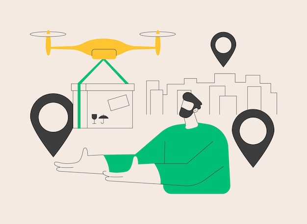 Entrega de drones abstrato conceito ilustração vetorial entrega comercial de drones tendência de negócios de fornecimento
