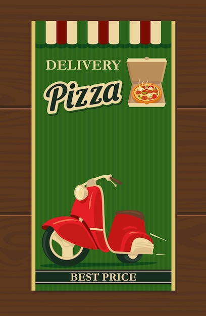 Vetor entrega de pizza de ciclomotor ilustração vintage retrô vetorial isolada para apresentação de folheto de logotipo de menus de pôster