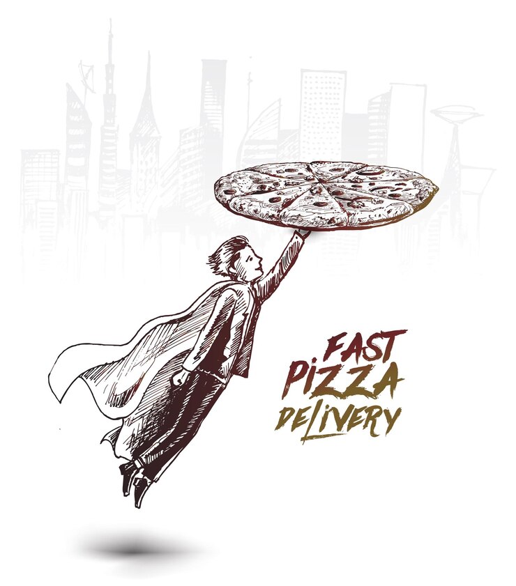 Entrega de pizza super rápida Super herói entregando pizza Ilustração vetorial de esboço desenhado à mão