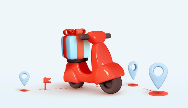Entrega de serviço de correio. Projeto de conceito criativo. Cor vermelha realista de scooter 3d, caixas de papelão. Hora de fazer compras. Página de destino para o site. Moto scooter e mercadorias. ilustração vetorial