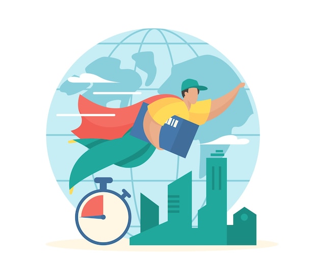 Entrega expressa global o correio de super-heróis em capa voa com o pacote para o cliente