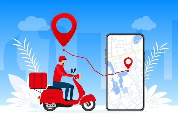 Entrega on-line Entrega de serviço de correio Dinheiro rápido Scooter de rastreamento de mapa Ilustração vetorial