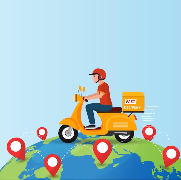 Entrega rápida de scooter na terra, compras on-line no conceito global. Frete mundial.