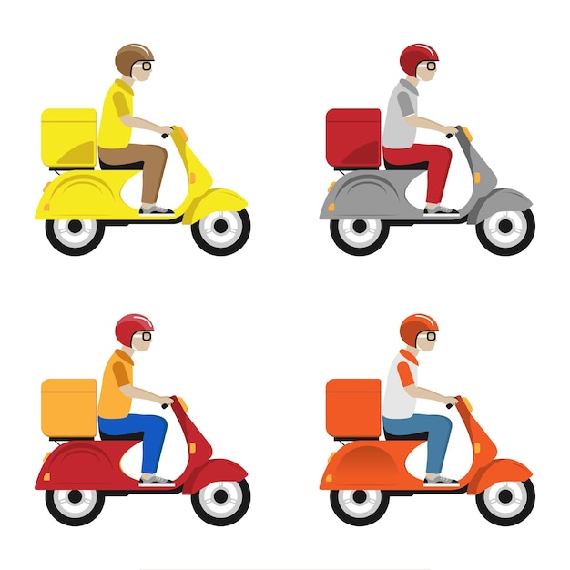 Entrega rápida de scooter para celular conjunto de homens de diferentes cores conceito de comércio eletrônico infográficos