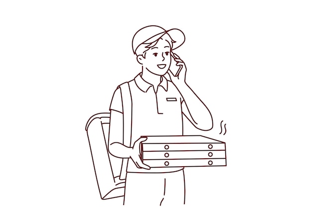 Entregador com caixas de pizza ligando para o cliente