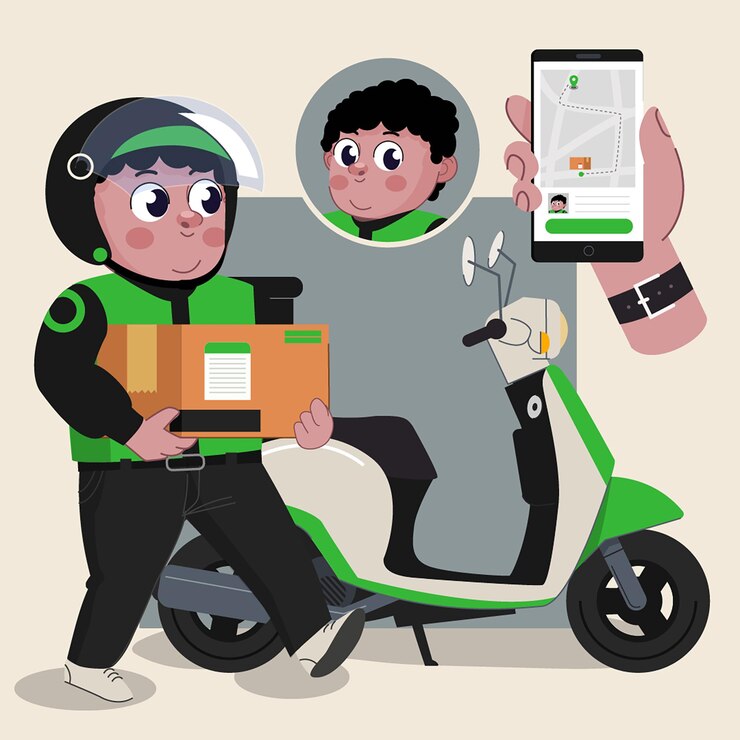 entregador com personagem 2d bonito de bicicleta pronto para animação completo com ferramentas de trabalho