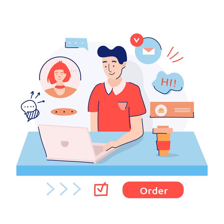 Entregador de comida anotando um pedido na Internet durante a quarentena.