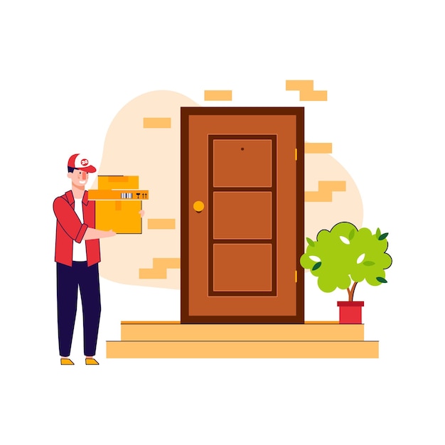 Entregador de desenhos animados na porta da frente com pilha de caixas de papelão