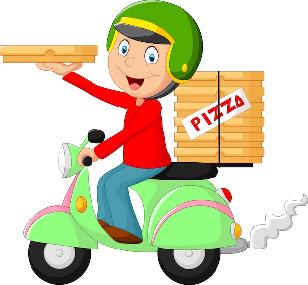 Vetor entregador de pizza de desenho animado andando de bicicleta a motor