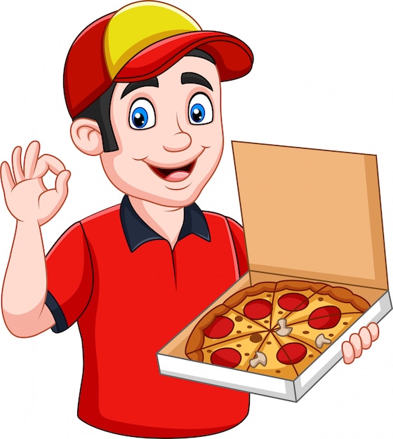 Vetor entregador de pizza segurando saborosa pizza quente