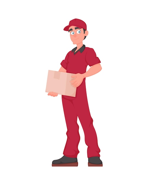 Vetor entregador sorridente com encomenda correior amigável em uniforme vermelho segurando uma caixa de papel ilustração de desenho animado vetorial
