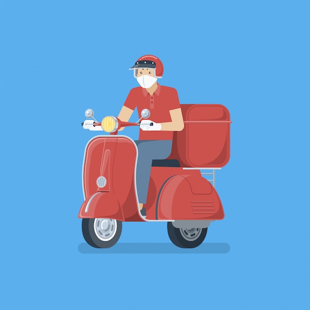 Entregador usando máscara facial médica, luvas de borracha, montando a scooter retrô vermelha em estilo simples