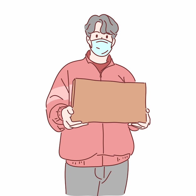 Entregador usando máscara médica segurando uma caixa desenhada à mão