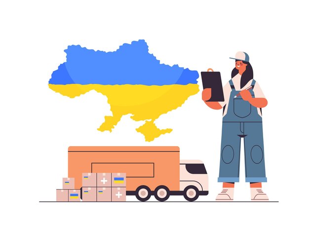 entregadora dando caixas de ajuda com bandeira ucraniana para refugiados ajuda humanitária ajuda material assistência governamental conceito de ajuda governamental salvar a Ucrânia da rússia parar a guerra ilustração vetorial horizontal