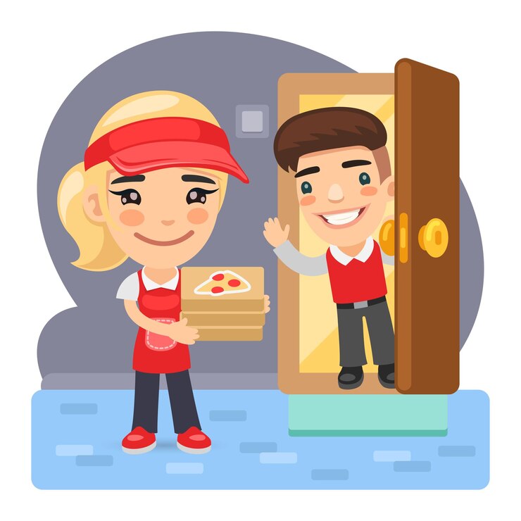 Vetor entregadora de pizza dos desenhos animados e cliente