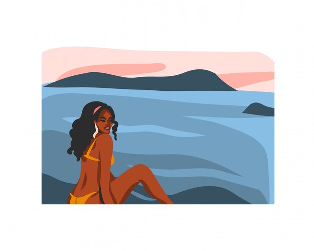 Entregue a ilustração gráfica conservada em estoque abstrata desenhada com a fêmea afro feliz nova da beleza, no roupa de banho na cena da praia do pôr do sol no fundo branco.