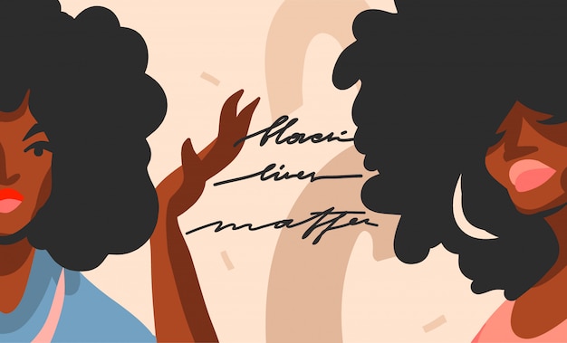 Entregue a ilustração gráfica conservada em estoque abstrata tirada com as mulheres novas da beleza afro e as vidas negras importam o conceito escrito à mão da rotulação no fundo da forma da colagem da cor.