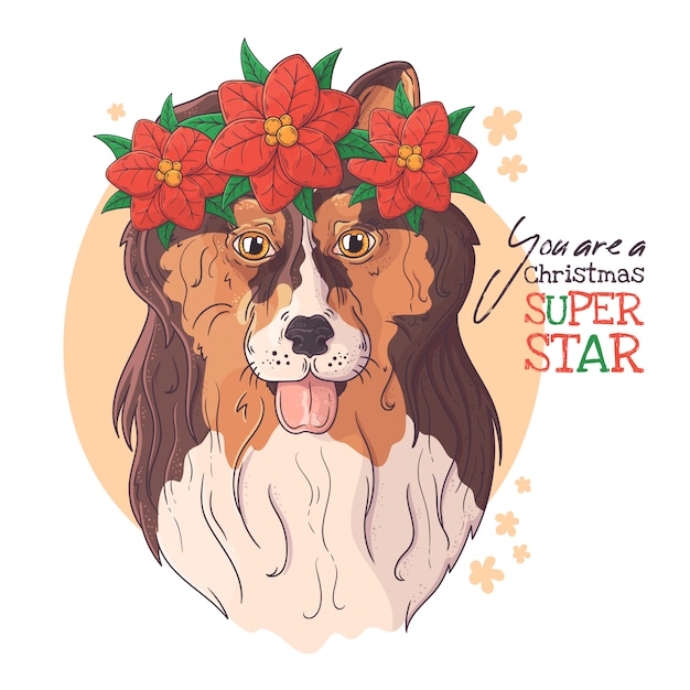 Entregue o retrato desenhado do cão collie com vetor de flores do natal.