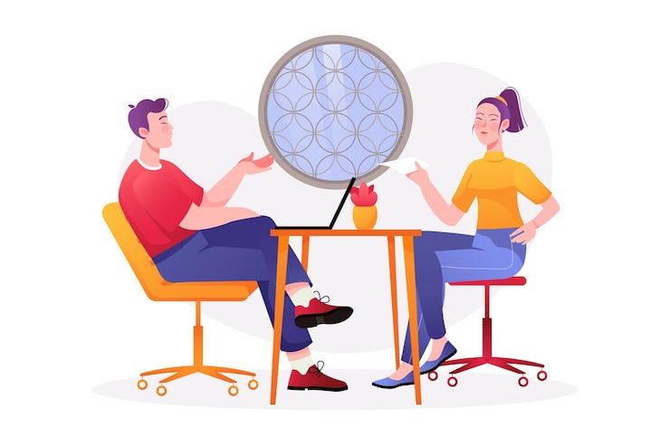 Vetor entrevista de emprego conceito asiático com cena de pessoas no design de desenho animado o gerente conduz uma entrevista