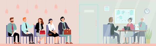 Entrevista de emprego no escritório Recrutamento corporativo de jovens e entrevistadores Empresários, funcionários da fila de espera ou fila de candidatos cena vetorial decente