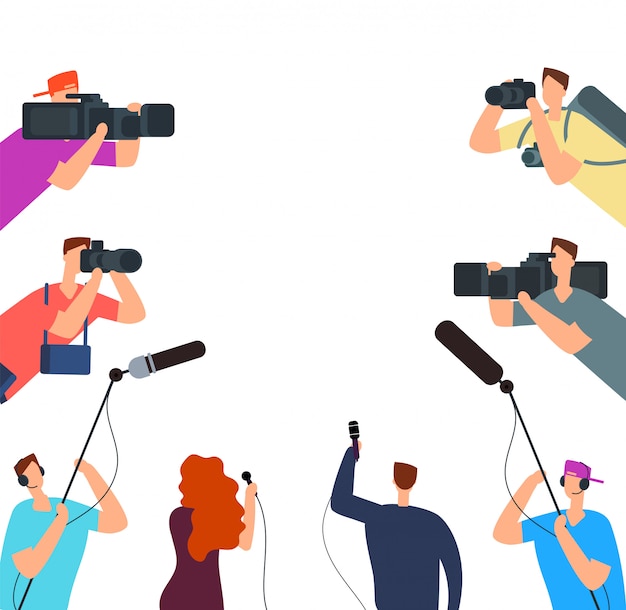 Entrevista de transmissão. Jornalistas de TV com câmera e microfones online. Notícias sobre o conceito de vetor de ar
