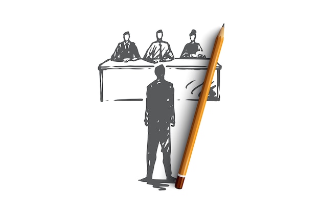 Entrevista, trabalho, trabalho, reunião, conceito de escritório. Empregado desenhado de mão no esboço do conceito de entrevista de emprego.