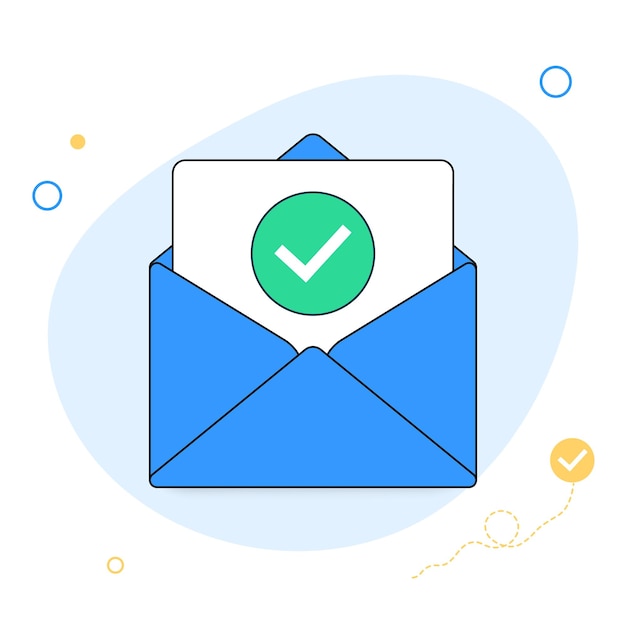 Envelope aberto e documento com ícone de linha de marca de seleção verde correio de mensagem de confirmação oficial enviado com sucesso e-mail de verificação de entrega de e-mail design plano vector