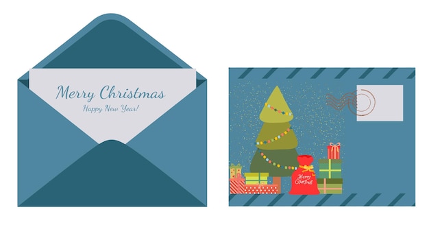 Envelope azul com uma carta de Natal ou um Feliz Ano Novo