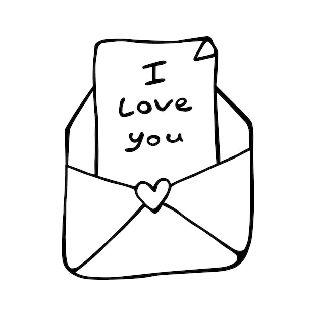 Envelope com um coração e uma carta com uma declaração de amor doodle cartoon linear