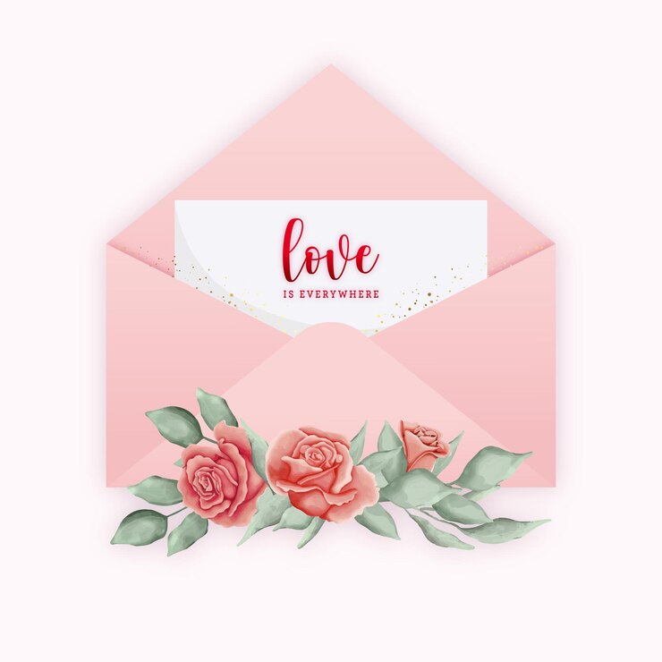 Vetor envelope de cartão de dia dos namorados rosa com aquarela rosas e folhas