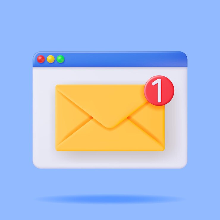 Vetor envelope de correio 3d com documento e notificação