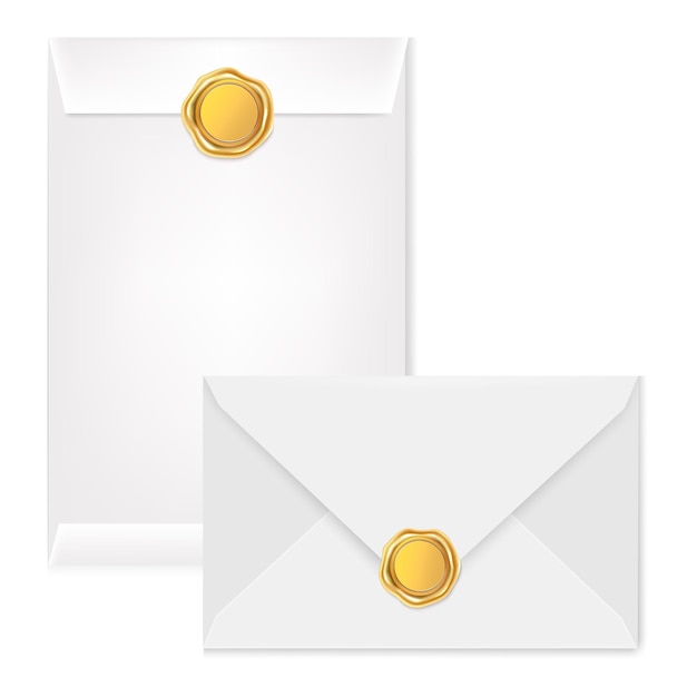 Envelope de correspondência diferente branco com um selo dourado. ilustração do selo de cera de luxo