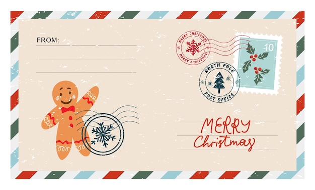 Vetor envelope de natal com selos selos homem de gengibre e inscrições feliz natal