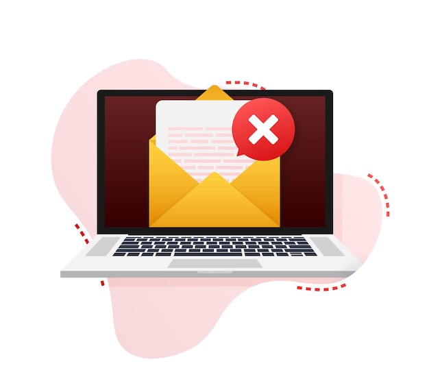 Envelope e documento abertos com a cruz vermelha. Email de verificação. Ilustração vetorial.