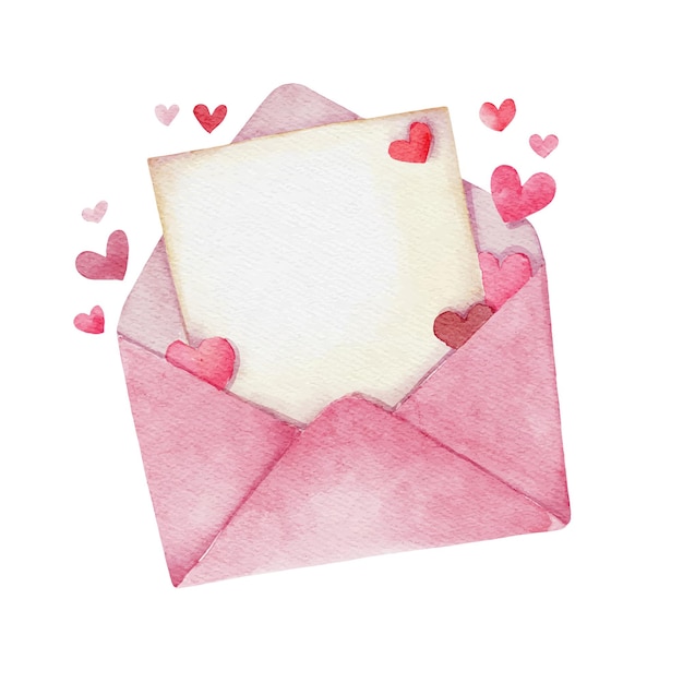 Vetor envelope rosa com papel em branco e corações em estilo aquarela carta de amor para o dia dos namorados