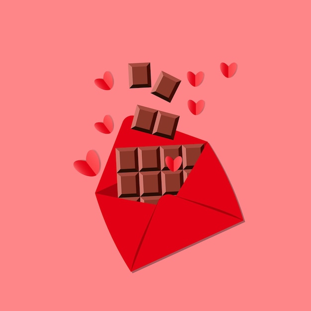 Envelope vermelho com corações vermelhos e pedaços de chocolate isolados em fundo rosa conceito de amor