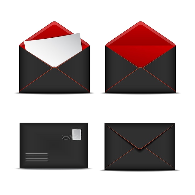 Vetor envelopes abertos e fechados realistas em preto e vermelho de maquete conjunto de ilustração vetorial em branco