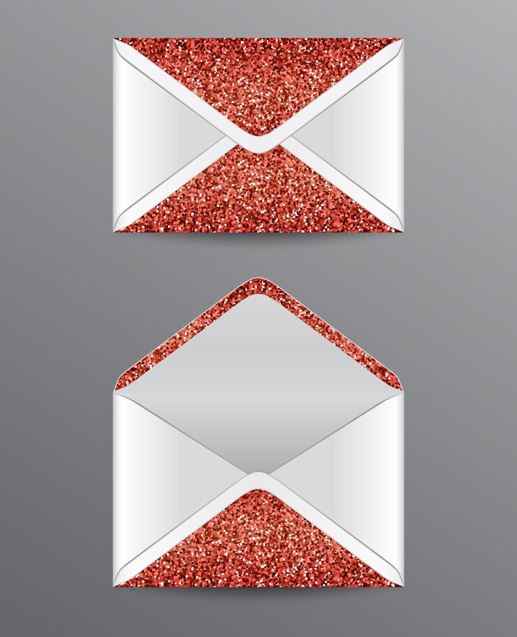 Vetor envelopes fechados e abertos com elementos vermelhos brilhantes.