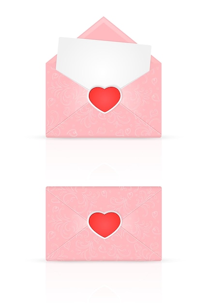 Envelopes rosa com coração dos namorados vermelho e elementos ornamentados, feriado da rotulação, feliz dia dos namorados, ilustração.