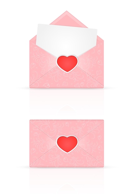 Envelopes rosa com coração dos namorados vermelho e elementos ornamentados, feriado da rotulação, feliz dia dos namorados, ilustração.