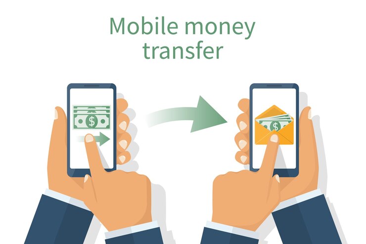 Vetor enviando e recebendo dinheiro aplicativo de pagamento dois smartphones nas mãos dos homens e-mail de entrada ilustração vetorial design plano isolado no fundo branco tecnologias modernas mobile bankingxa