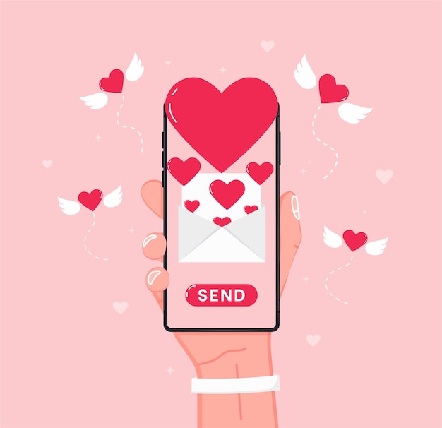 Enviando mensagem de amor com a mão segurando o celular com um coração de amor na tela