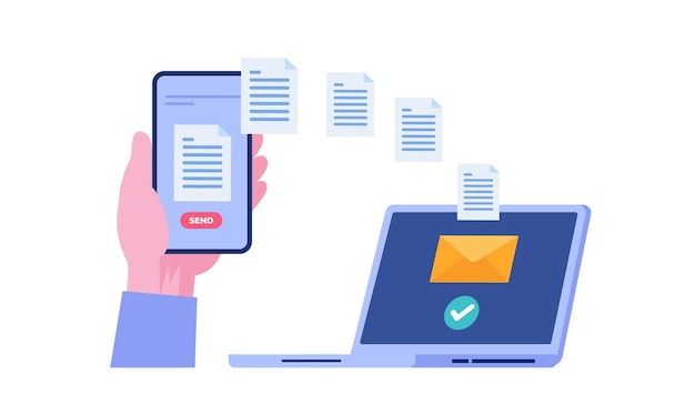 Enviando uma mão de conceito de arquivo segurando um correio de arquivo de transferência de telefone enviando um modelo de vetor de ilustração plana de e-mail