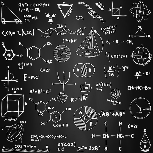 Equações matemáticas, química e pesquisa de física quântica com figuras geométricas em um quadro-negro