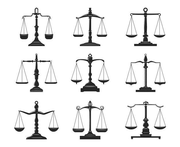 Equilibre escalas de justiça e ícones isolados de lei