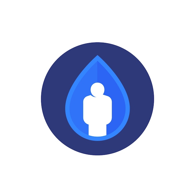 Equilíbrio de água no ícone do vetor do corpo, gota de água e homem
