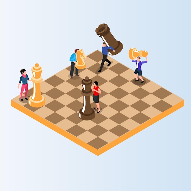 Vetor equipa de homens e mulheres diversos jogando xadrez gigante juntos