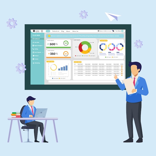 Equipa de negócios analisando dados em um painel digital